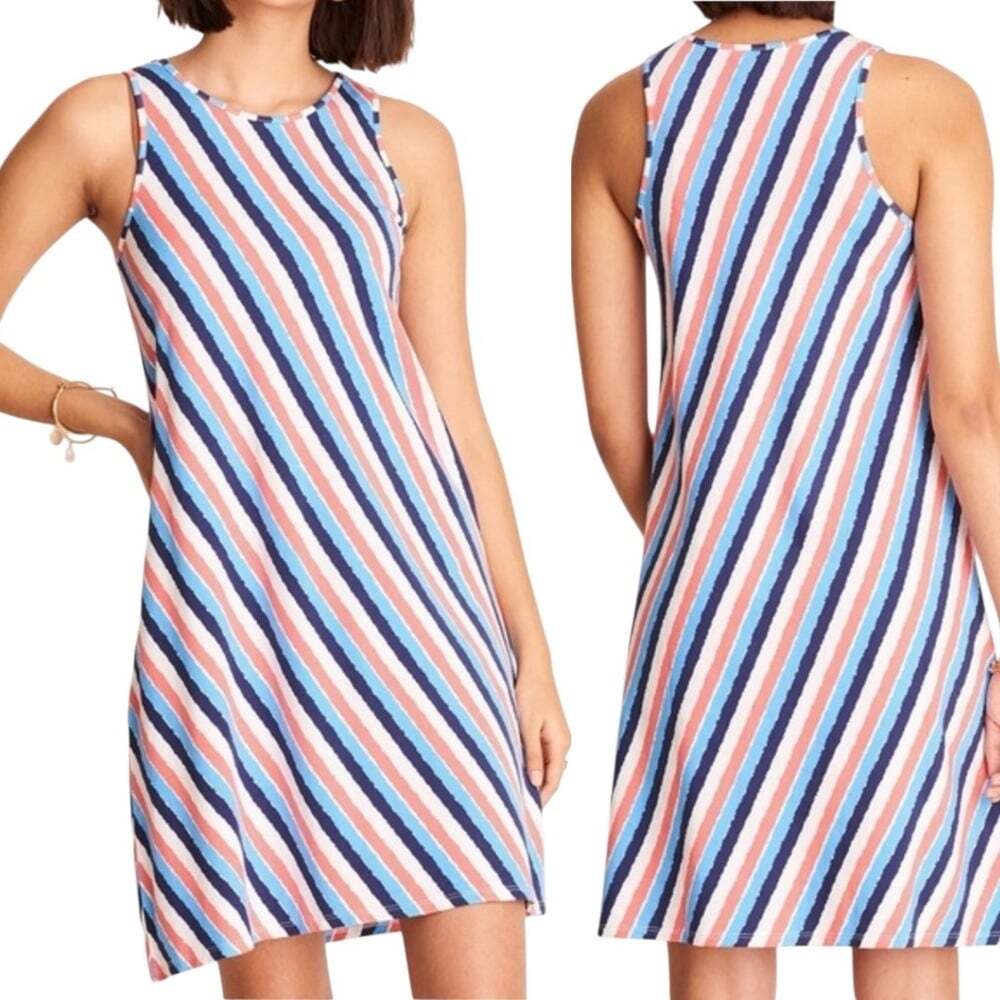 Hatley Bella Dress Size Large Diagonal Stripe Sleeveless Blue Red Summer Dress